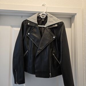 Blank NYC Black Leather Jacket with Gray Hood